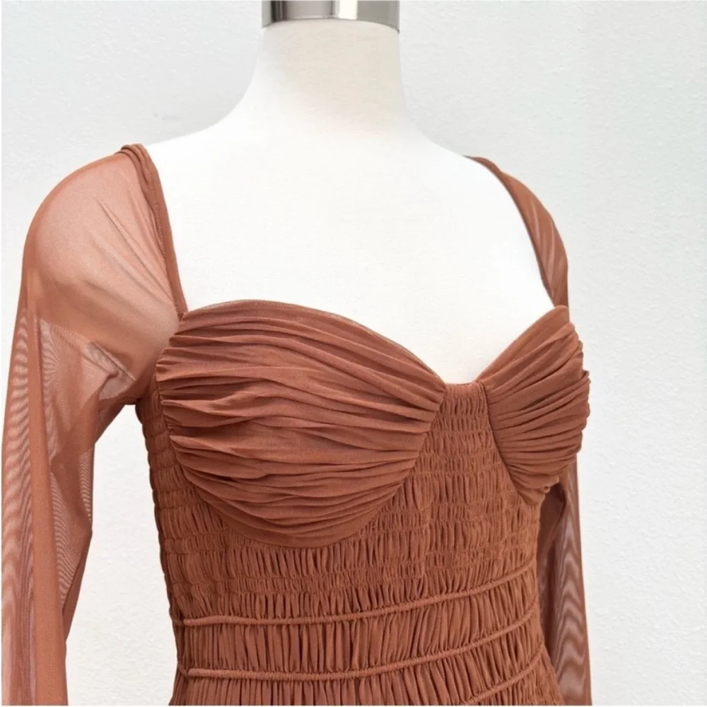 Self Portrait Midi Dress Shirred Mesh Long Sleeve Ruched Chocolate Brown Size 6 - Picture 11 of 13